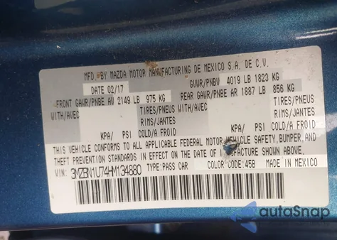 2017 Mazda Mazda3 Sport z USA, uszkodzony, nr VIN 3MZBN1U74HM134880